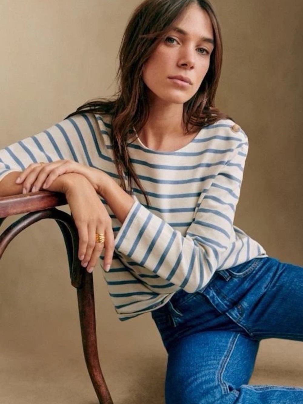 Sézane Womens Knit White Blue Striped Crew Neck Long Sleeve Button Top S